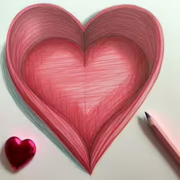 a drawing of a heart with red pastel next to it,the drawing of a heart has a red pencil, and the image of a heart is in color,there is pencil drawing a red heart with an eraser,a heart with a pencil on a piece of paper,a heart that is in a drawing with the top half drawn up