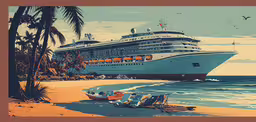 a cruise ship on the ocean near some palm trees,a large cruise ship docked at the beach with tourists