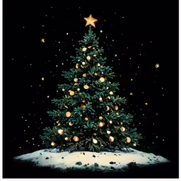 a lit christmas tree in snow with stars on it