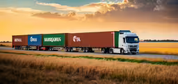 semi truck pulling trailer cars down a rural highway,a truck is driving down the road in the sunset