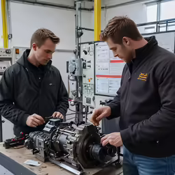 two men are checking out machinery in a factory