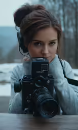 a woman taking a photo with an old fashioned camera