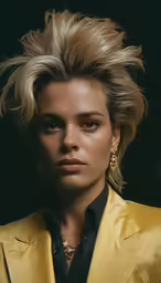 woman with blonde hair in a yellow suit