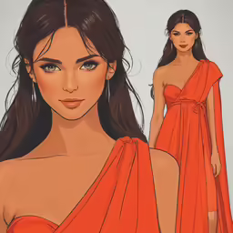 a drawing of a woman wearing an orange dress