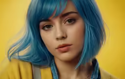 a woman with blue hair looking into the camera