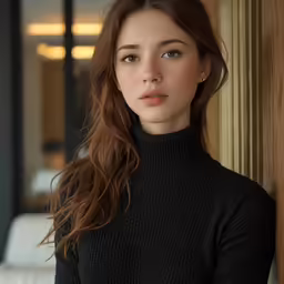 a pretty young woman standing next to a wall