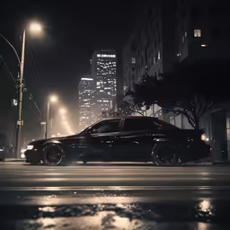 a night shot of a black car on a city street