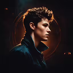an advertisement for a movie starring man with his head up,a man in black jacket standing in front of a light