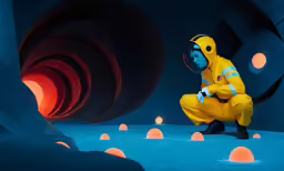 a man dressed in yellow and blue crouching on the ground in a room with orange colored balls