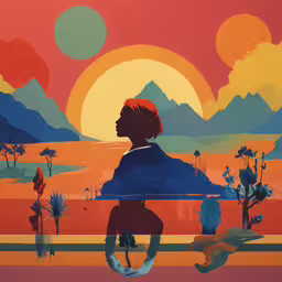 a painting with a child looking out over a mountain valley,a painting of a woman in the middle of water