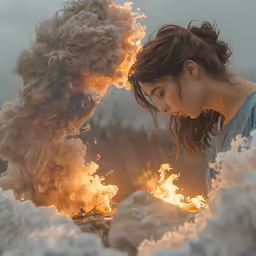 two women in front of fire and smoke with one touching her head