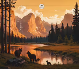 four mountain goats near a small lake surrounded by tall mountains,a painting of wild animals in a mountain meadow