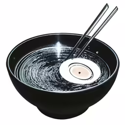 a bowl filled with a liquid and two chop sticks
