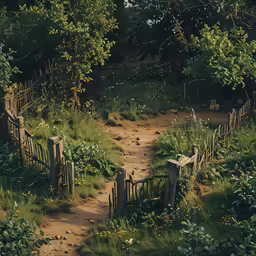 a park with a path leading to a lush green garden