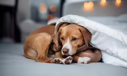 brown dog laying under the blanket in bed