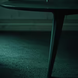 a bottle on a table next to a black shelf
