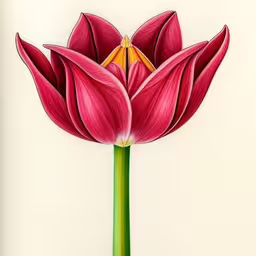 a drawing of pink flower with yellow stamen on a cream background,a drawing of a pink tulip on white paper,an art work depicting a pink flower with green stems,a pink tulip is drawn in pencil by hand,a drawing of a flower with large, pink petals