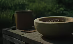 a stone bowl with some brown seeds in it