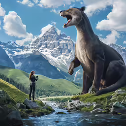 a man and woman take pictures with an animal in front of a river