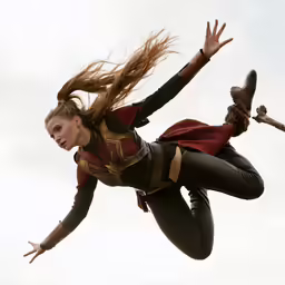 a woman dressed in thors gear is doing a trick