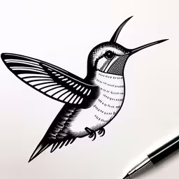 a drawing of a hummingbird on paper,a black and white drawing of a hummingbird