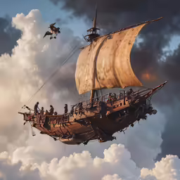 a tall boat floating in the sky with other boats on it