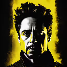 a man with his hair blowing in the wind,a yellow background and a black portrait of johnny beck