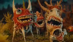 three toy monster heads with huge fangs and very sharp teeth