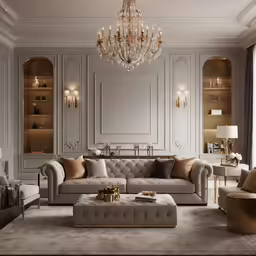 a classic living room with beige furniture and chandelier