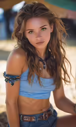 a young girl with blue bra top sitting on ground