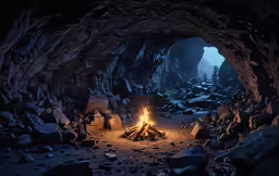 a fire pit in the middle of a cave that is lit up