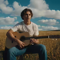 a young man is holding an acoustic guitar and a field