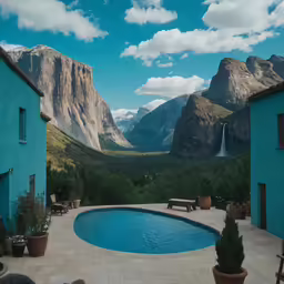 this pool is next to two buildings and a mountain range