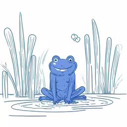 blue frog sitting in water near weeds