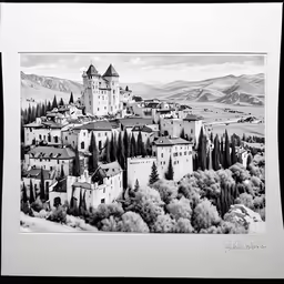 an artistic photograph of a town near a mountain range