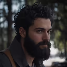 the man has curly hair and beards wearing a backpack