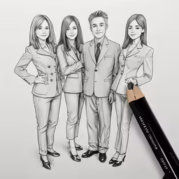 an pencil drawing of four people in suits