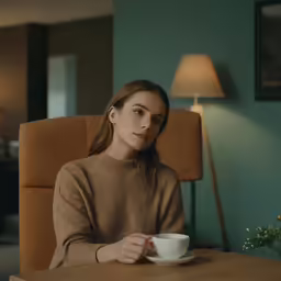 a young girl is sitting at a table drinking coffee