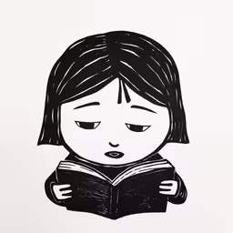 an illustration of a little girl reading a book,girl with dark hair reading a book and looking down