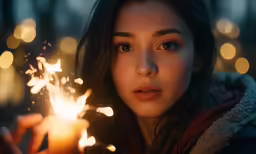a beautiful young woman holding a lit candle