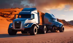 a large truck drives through the desert,two big rig trucks are coming down the road