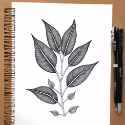 a drawing of a plant with leaves on the side
