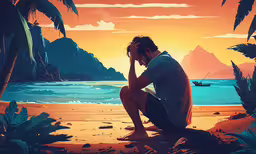 a man sitting on a beach next to the ocean,a man sitting on the shore looking into a distance at sunset