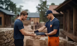 two men are dressed in blue and orange, and exchanging something