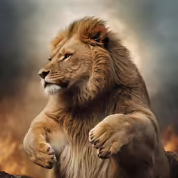 the lion is standing on two legs