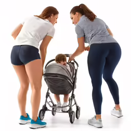 two woman pushing a stroller and a boy in a diaper