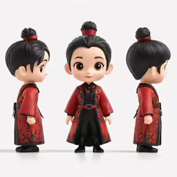 three dolls with asian clothing in different positions