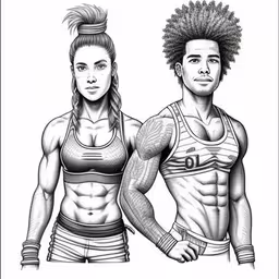 a man and woman, each with their own tattoos,two people are drawing their body muscles,a couple is shown as depicted in the art,a man and woman with muscles drawn in pencil,a couple that is drawn in pencil