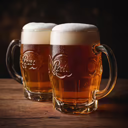 two mugs of beer that are sitting next to each other