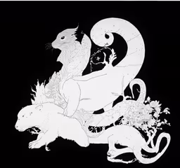the black and white illustration depicts an animal, and another creature,an ink painting of an animal holding another animal
